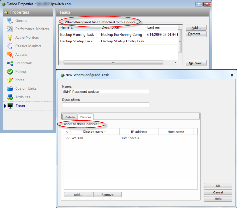 Tasks attached to a device are displayed in the Device Properties Tasks dialog