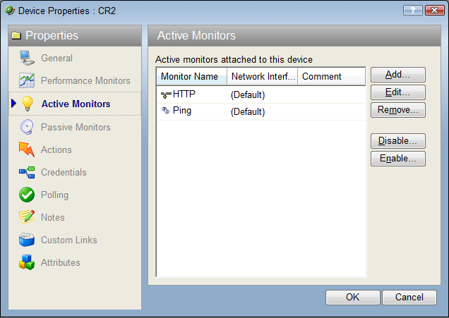 Device Properties Active Monitors dialog