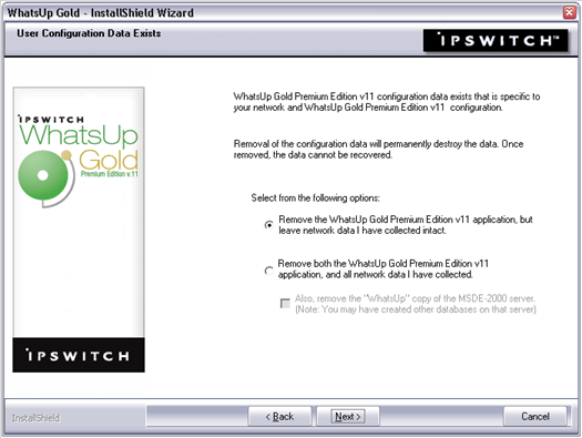 WhatsUp Uninstall options
