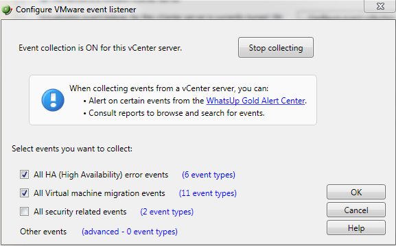 Configure VMware Event Listener dialog