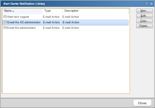 The Alert Center Notification Library dialog