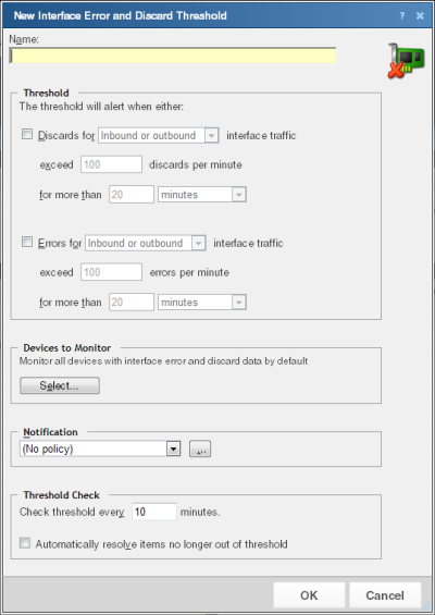 New Interface Error and Discard Threshold dialog