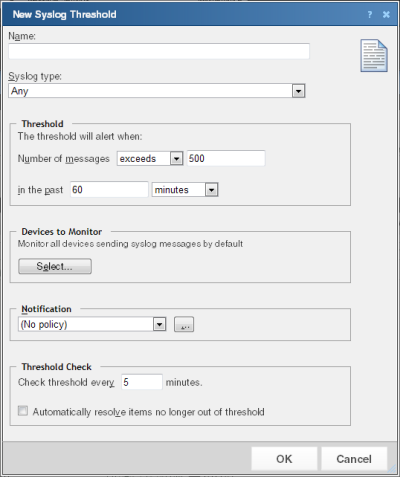 The New Syslog Threshold dialog