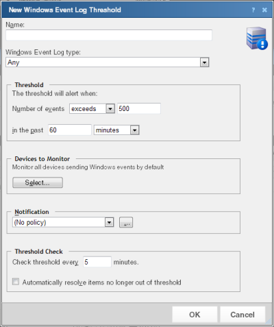 The New Windows Event Log Threshold dialog