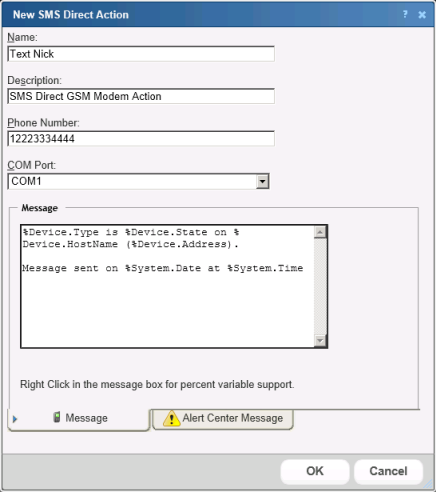 New SMS Direct Action dialog