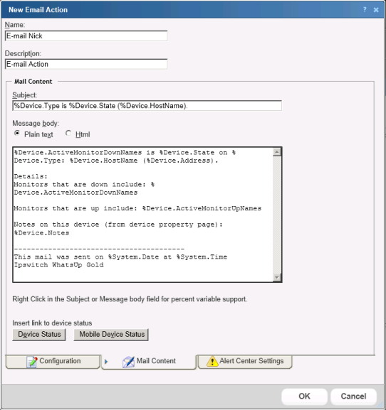 Email Action - Mail Content tab