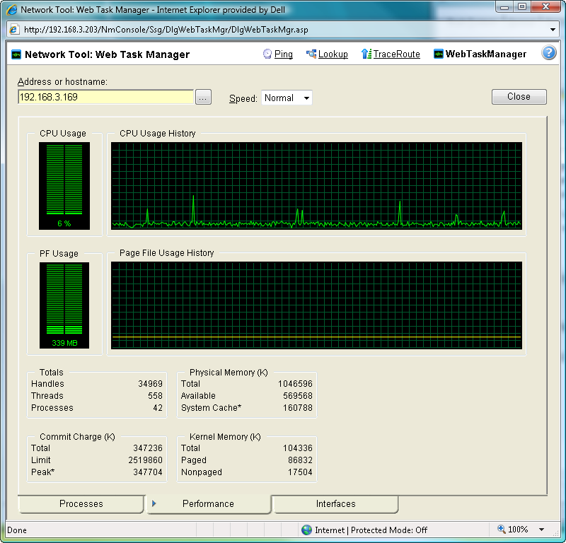 NetTools Web タスクマネージャの [パフォーマンス] タブ
