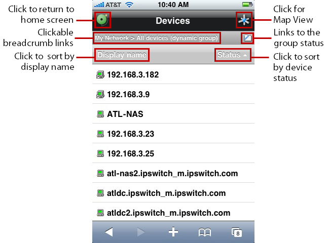 WhatsUp Gold モバイルアクセスデバイスナビゲーション