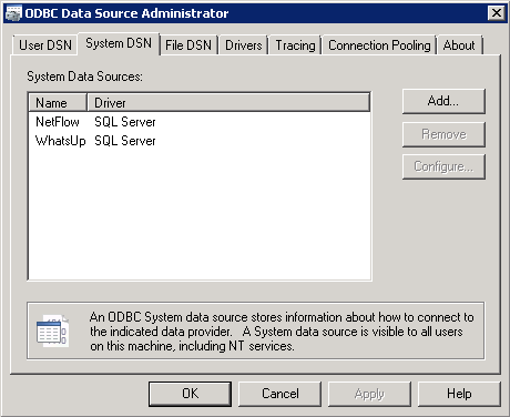 Finestra di dialogo Amministrazione origine dati ODBC