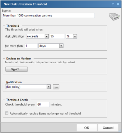 Установите параметры в диалоговом окне Создать порог использования диска
