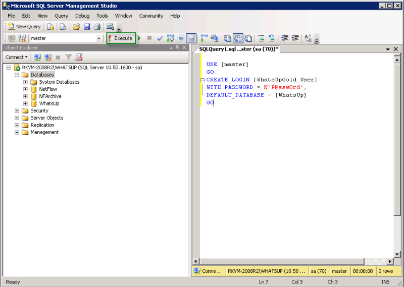 Entrez le code SQL dans la fenêtre de requête pour créer un utilisateur dédié