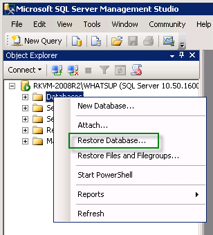 Klicken Sie mit der rechten Maustaste auf „Databases“ (Datenbanken) und dann auf „Restore Database“ (Datenbank wiederherstellen)