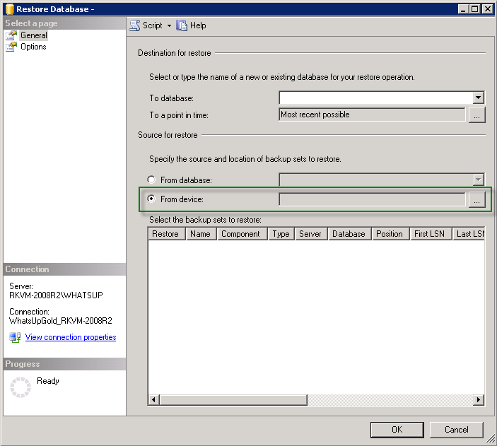 Dialogfenster „Restore Database“ (Datenbank wiederherstellen)