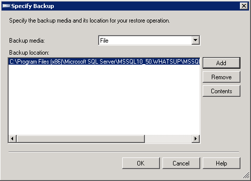 Dialogfenster „Specify Backup“ (Sicherung angeben)