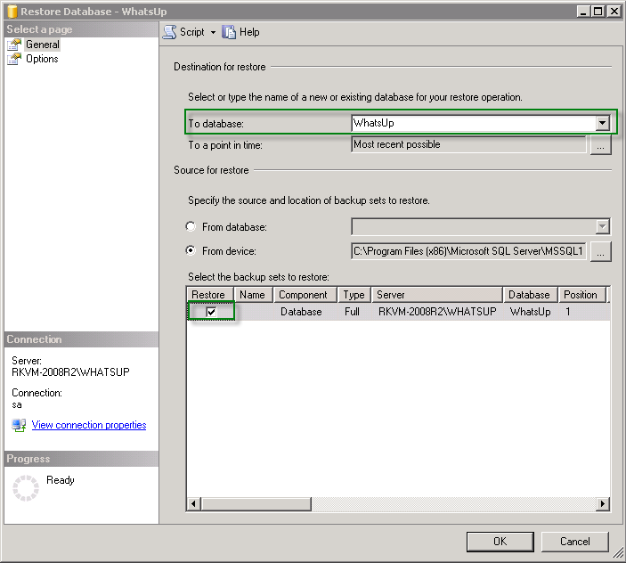 Dialogfenster „Restore Database“ (Datenbank wiederherstellen)