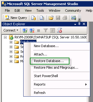Fare clic con il pulsante destro del mouse su Database e selezionare Ripristina database