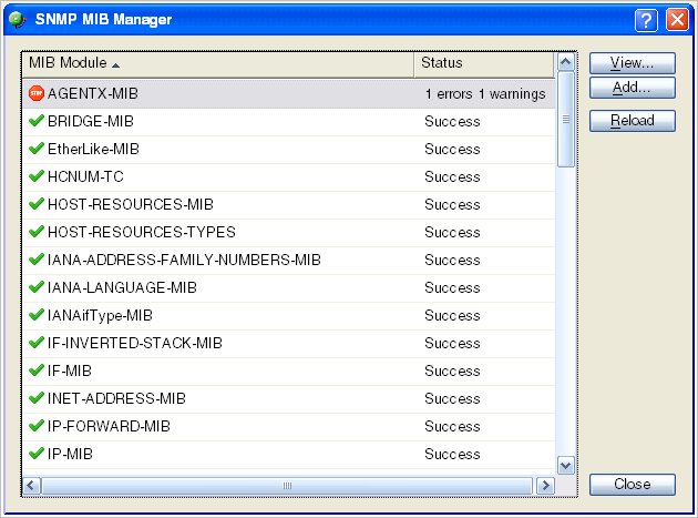 SNMP MIB Manager status warning errors