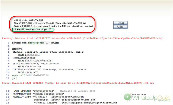 SNMP MIB Manager Viewer with warnings