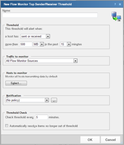 The New Flow Monitor Top Sender and Receiver Threshold dialog