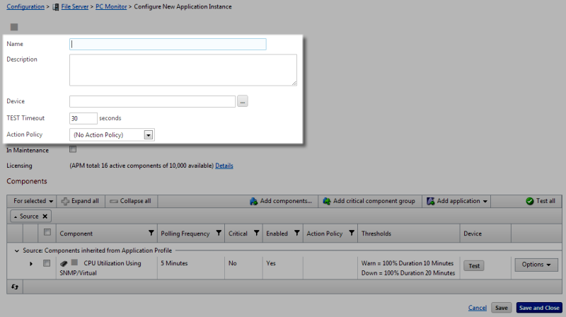 Configure New Application Instance page