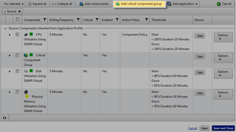 Add critical component group to an application instance
