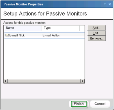 Setup Actions For Passive Monitors dialog