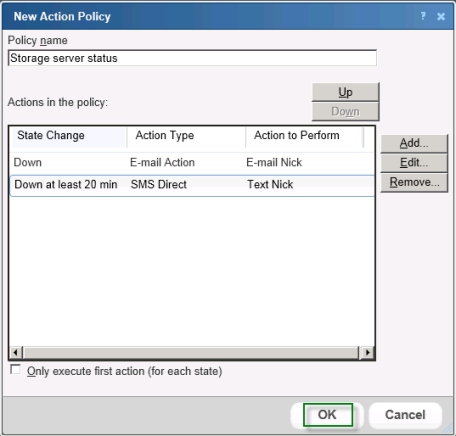 New Action Policy dialog with newly created policies