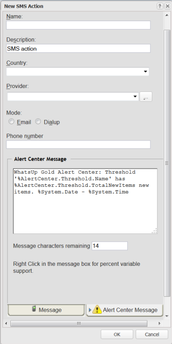 New SMS Action Alert Center Notification dialog