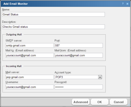 Gmail アカウント用の電子メールモニタの追加