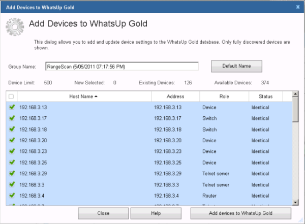 検出したデバイスの WhatsUp Gold への追加