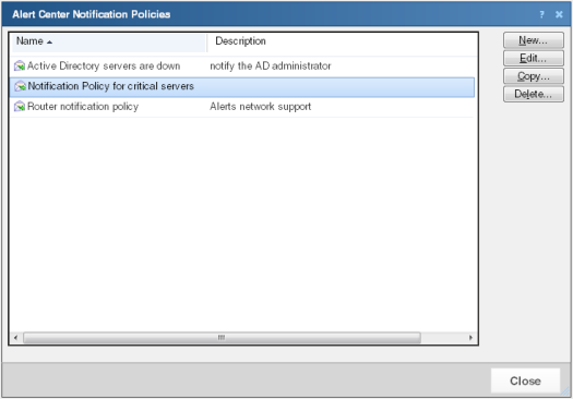 The Alert Center Notification Policies dialog