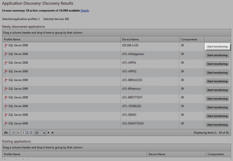 Application Discovery Results Start Monitoring