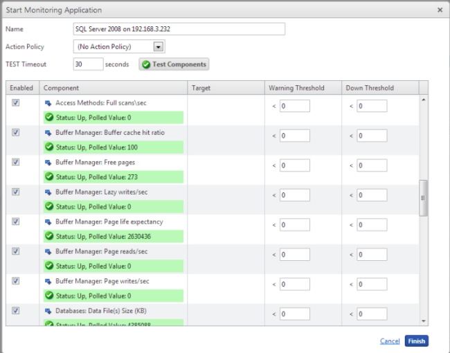 Start Monitoring Application dialog (APM) SQL example