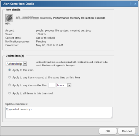 警報中心項目詳細資料對話方塊