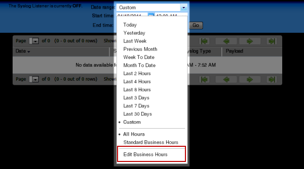 Selecting Edit Business Hours from the Date range list