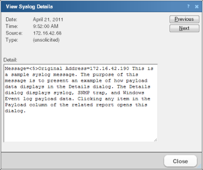 The View Syslog Details dialog displays payload information