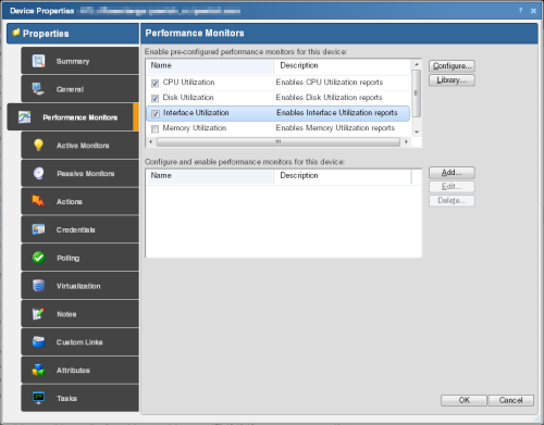 The Device Properties dialog with Performance Monitors selected