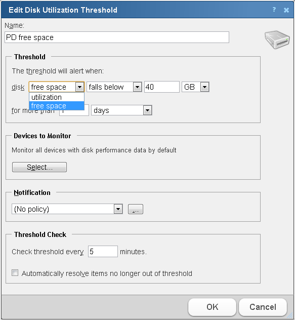 Disk Utilization or Free Space Threshold Dialog