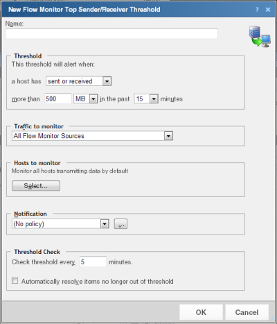 Диалоговое окно Создать порог основных отправителей/получателей Flow Monitor
