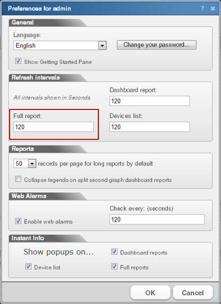 Changing report refreshing preferences