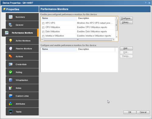 The Performance Monitors area of the Device Properties dialog