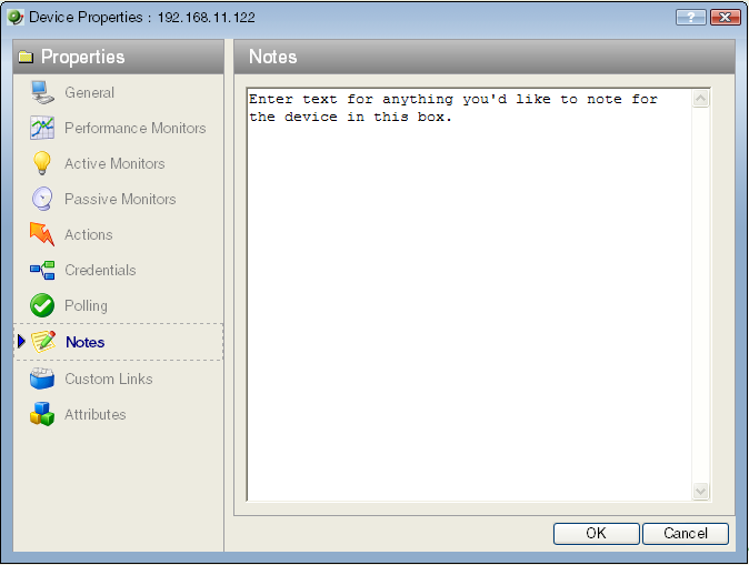 Device Properties Notes dialog