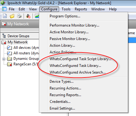 WhatsConfigured can be accessed from the WhatsUp Gold console's Configure menu