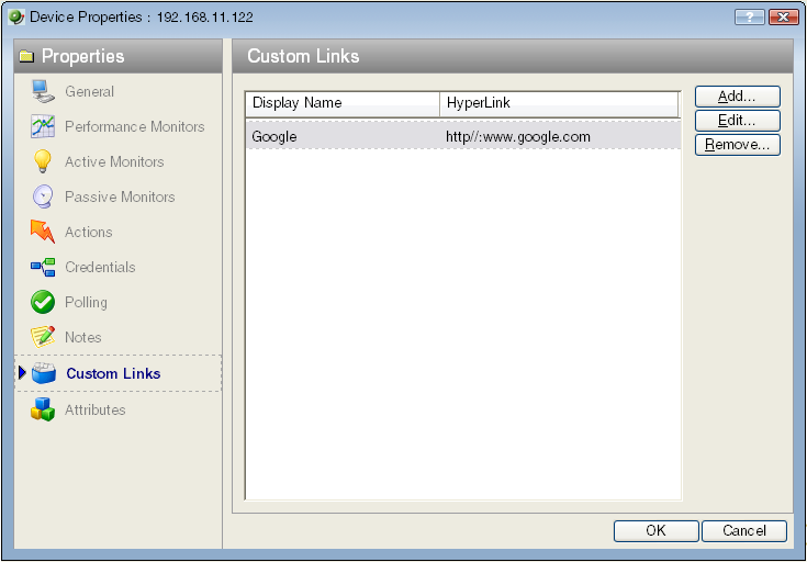 Device Properties Custom Links dialog