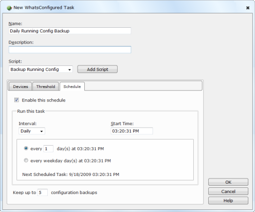 WhatsConfigured Task dialog - Schedule tab