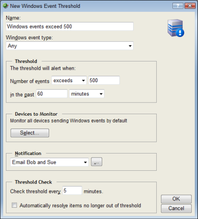 Configuring a Windows Event Log threshold