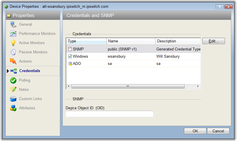 Device Property Credentials and SNMP dialog