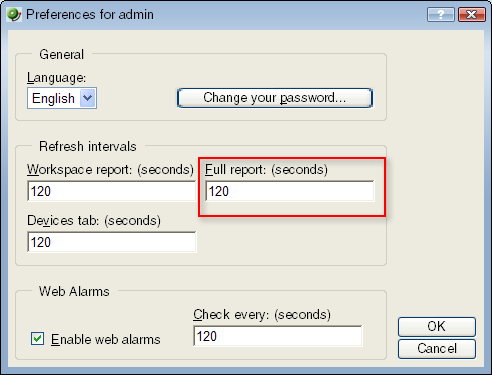 Enter a new time for the refresh interval in the Full report field.