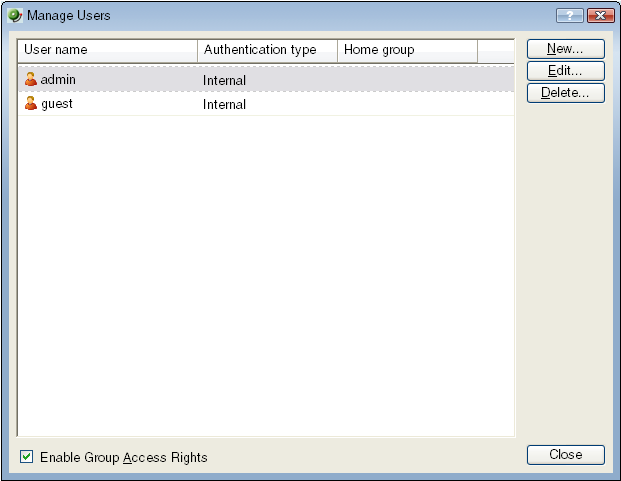 The Manage Users dialog