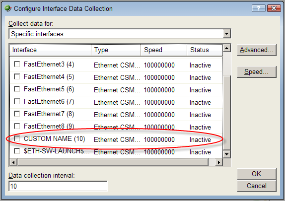 Selecting a custom interface performance monitor